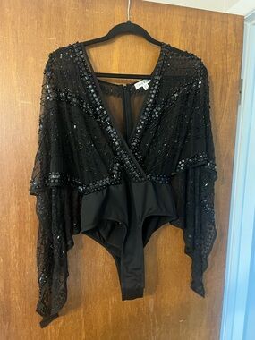 Embellished Black V-Neck Sequin Bodysuit - Women